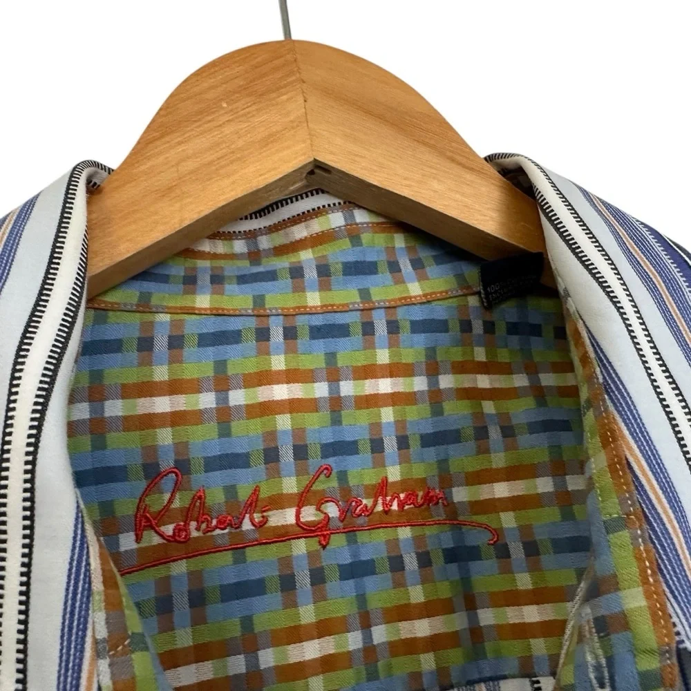 Robert Graham Mens Striped Button Up Shirt Sz 2XL Multicolor Contrast Cuffs